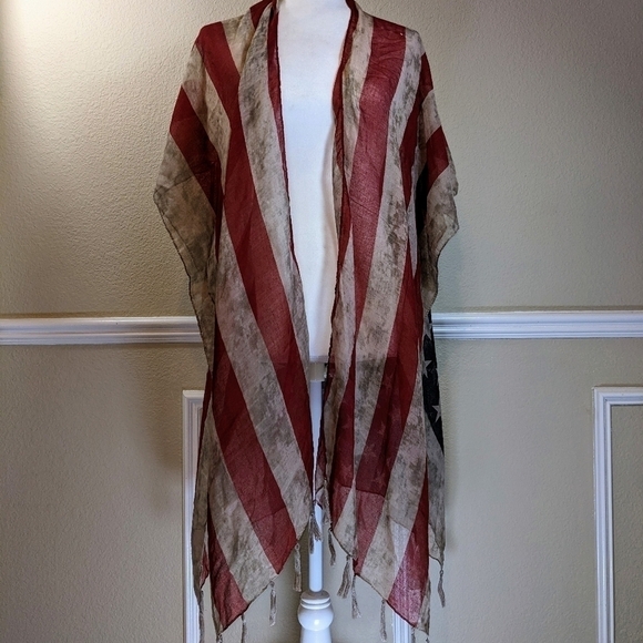 American Patriot Distressed Flag Sheer Shawl w Tassels NWT - Picture 8 of 8